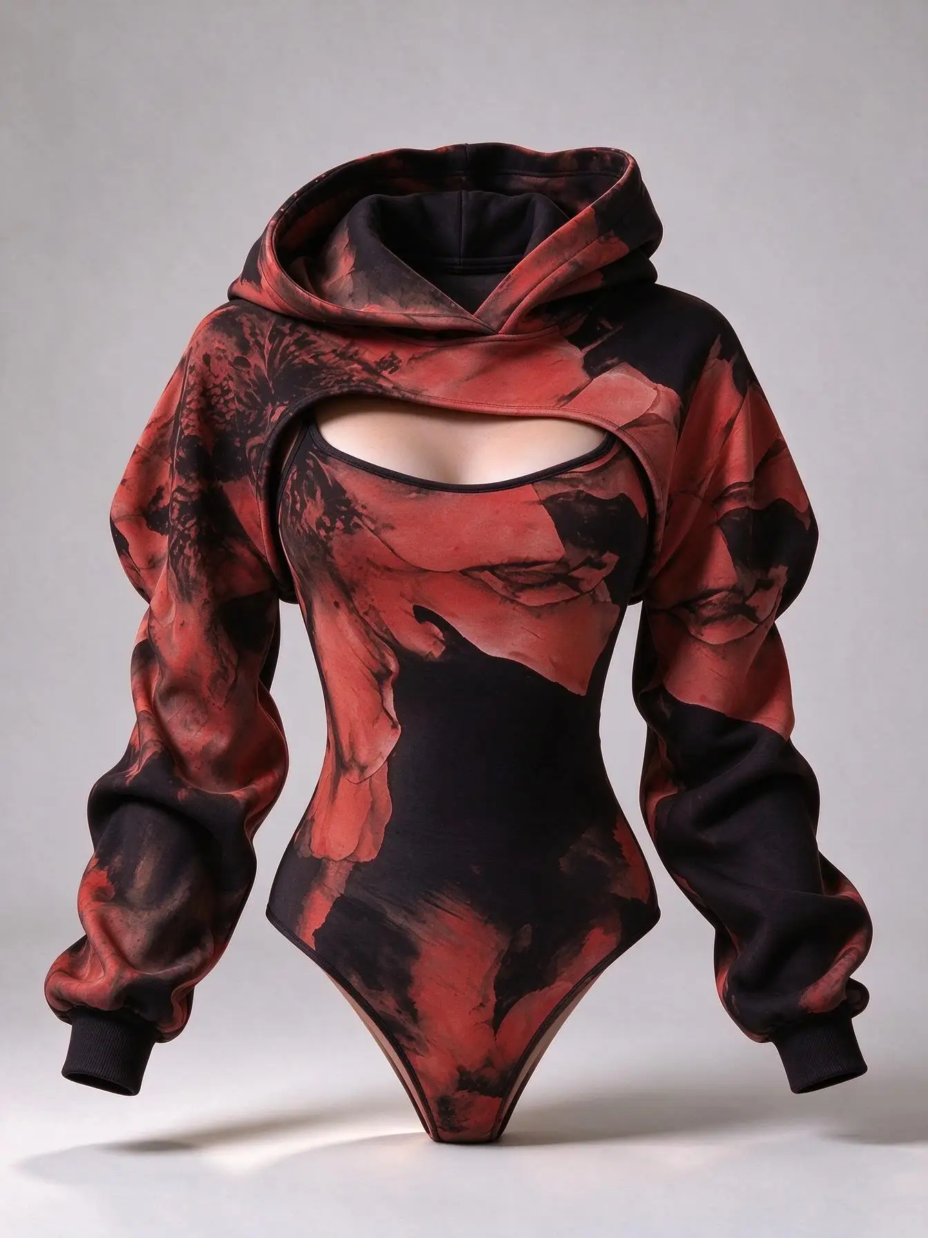 Women Abstract Ink Wash Print 2Pcs Outfit, Long Sleeve Hooded Shrug & Slim Bodycon Bodysuit