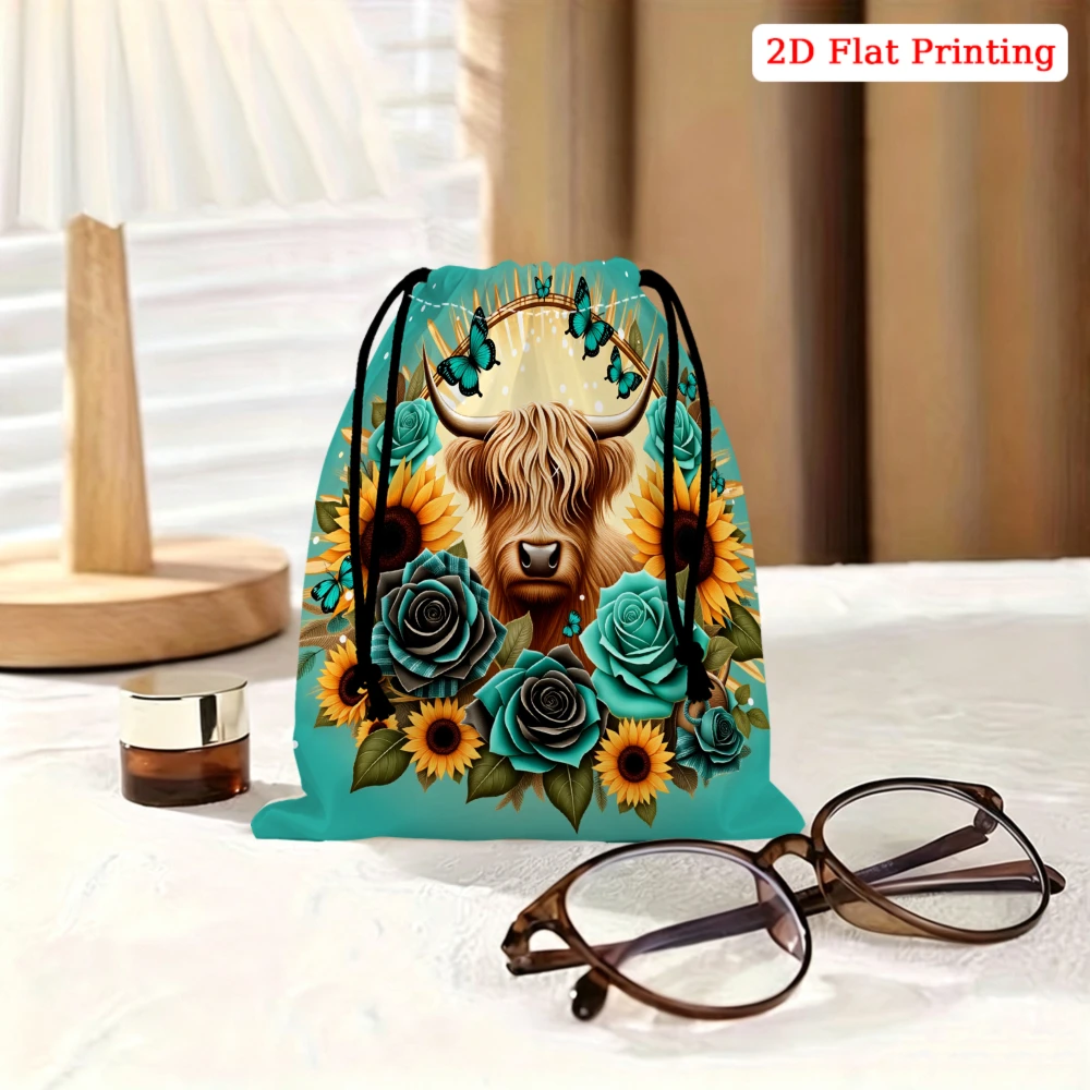 1Pc Boho Drawstring Bag Teal Highland Cow Sunflower Rose Butterfly Print Storage Small Pouch Travel Cosmetic Organizer For Women