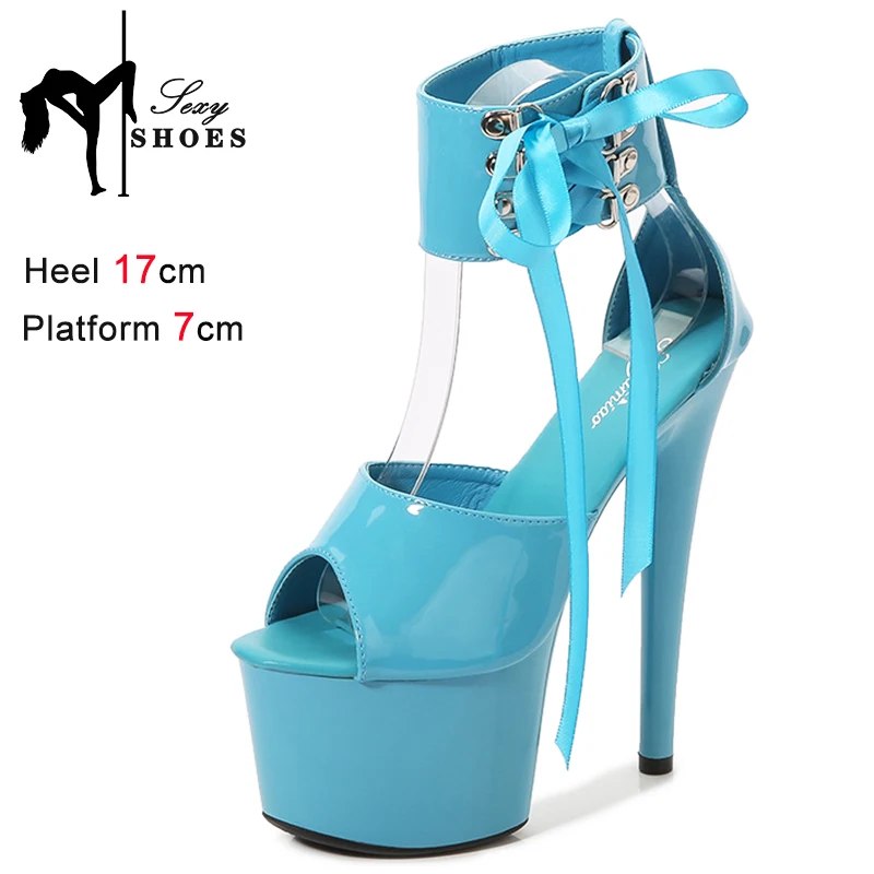 17CM Modern Sandals Upper Toe Open Ankle Strap Fashion Sexy Lady Platform High Heel Sandals Pole Dancing Lace-up Women Shoes