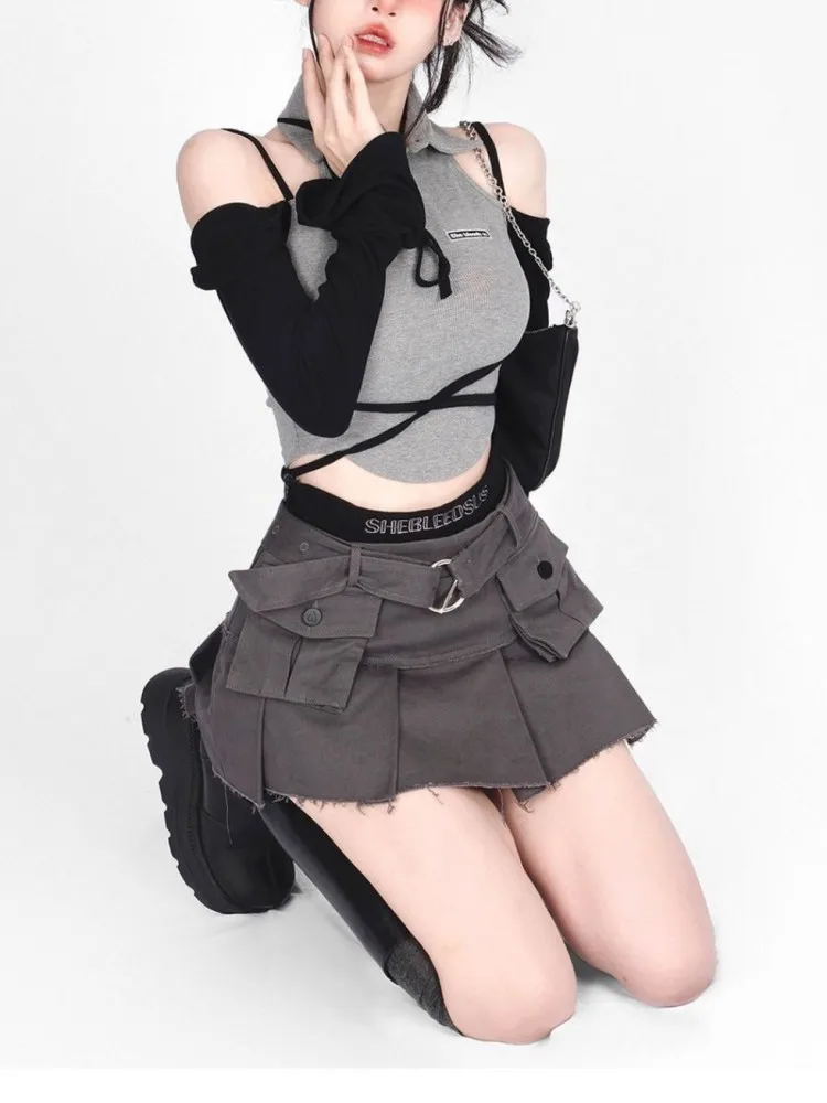 

Y2k Mini Skirt American style Denim Cargo Skirt Women Vintage High Waist Pocket Belt Pleated Sexy Fake Two-piece Patchwork