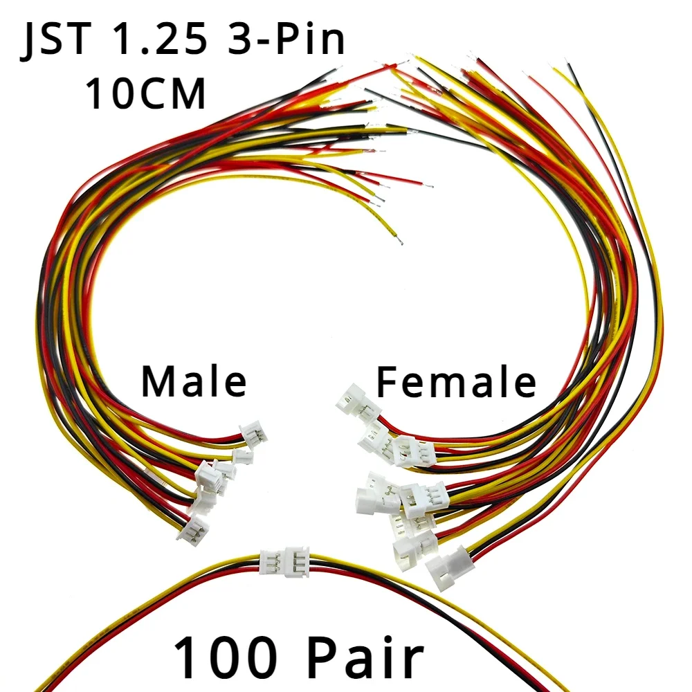 100 Pair 1.25mm Pitch Micro JST Connector - 3-Pin Male & Female Plug with Wires, Designed for Small Electronic Equipment Wiring