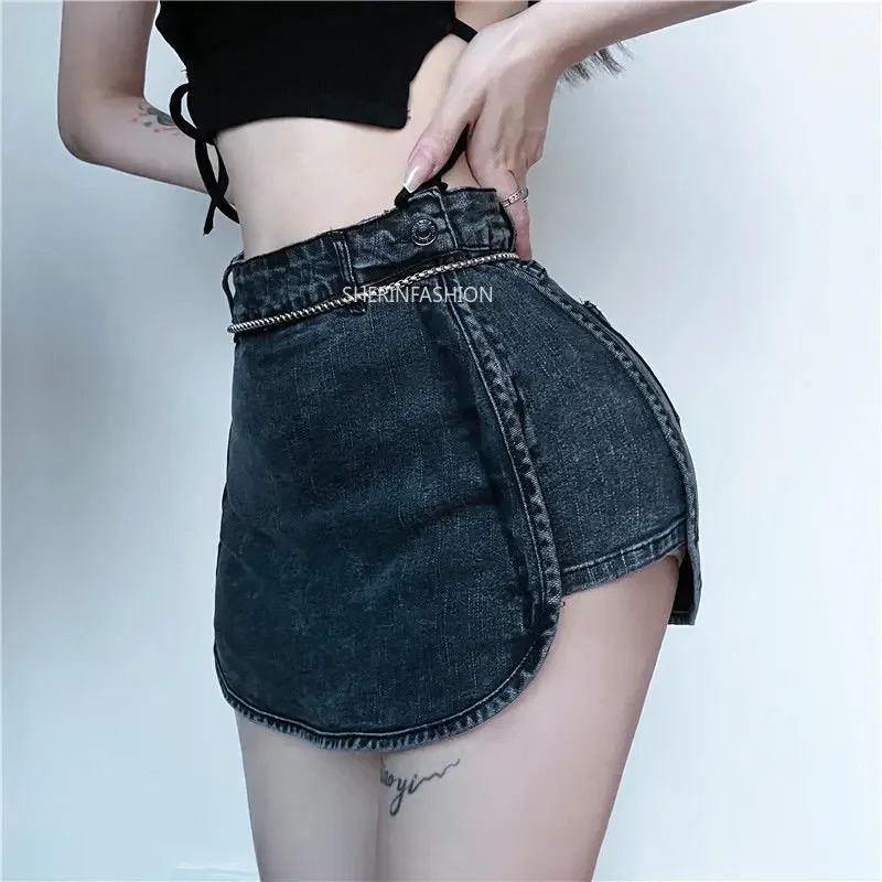 Open Crotch Pants Boyfriend Jeans Women Denim Skirt High Waist A-Line Shorts Skirts Outdoor Sex Vintage Culottes Exotic Hotpants