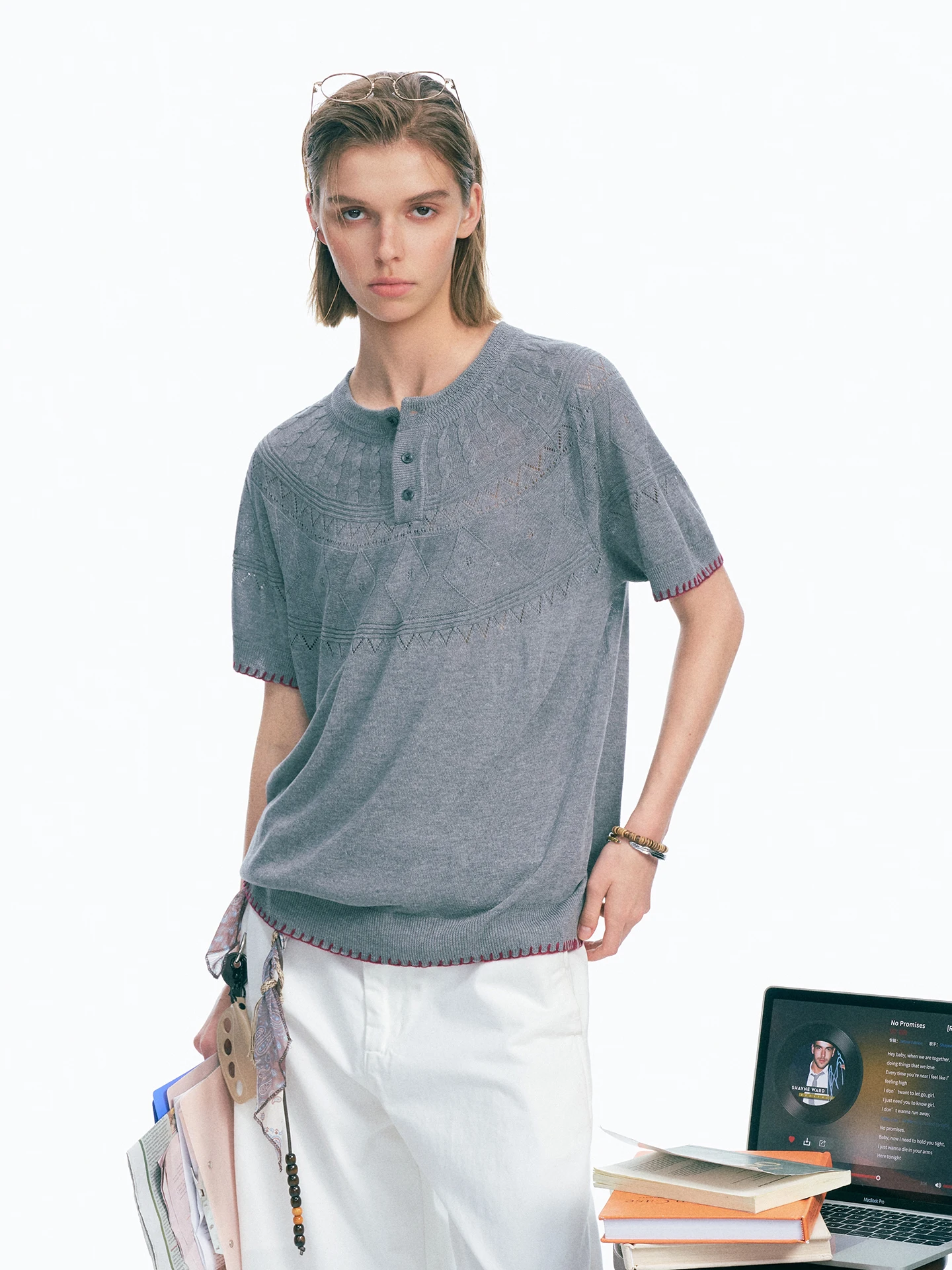 Dream Made Linen Knitted Short Sleeve T-Shirt Hollow out Hand Sewing Line Men Summer Thin Half Sleeve Top Breathable Comfortable