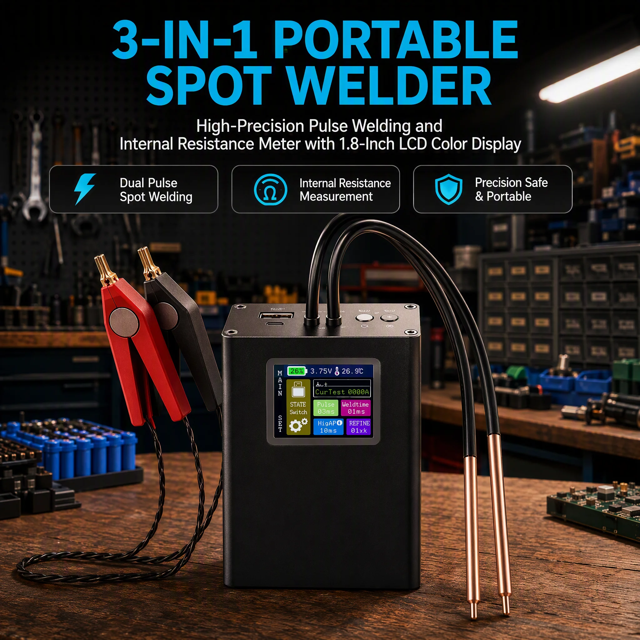Saldatrice portatile per punti saldatura e tester di resistenza interna 2-in-1, con schermo a colori, per batterie al litio 18650, kit fai-da-te, 30 livelli di regolazione.