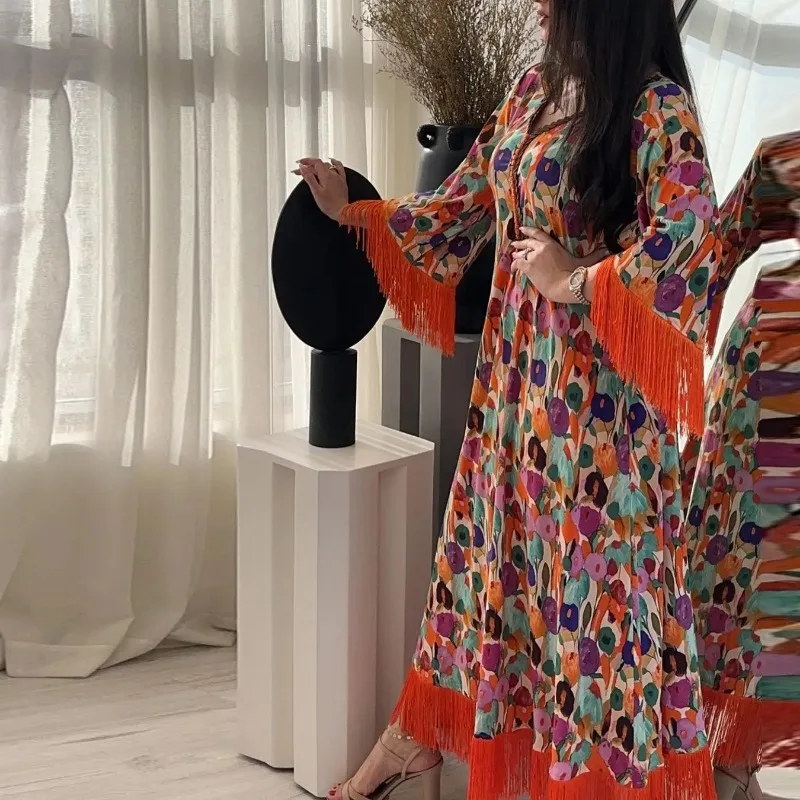 Orange Elegant Muslim Woman Dress 2023 Muslim Summer Long Sleeve V-neck Tassel Long Abaya Muslim Fashion Dresses Abaya Dubai