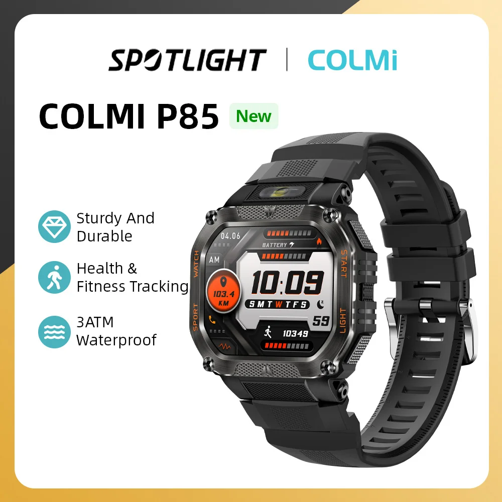 COLMI P85 Smartwatch Men Bluetooth Call Rugged Smart Watch 3ATM IP68 Waterproof LED Flashlight Outdoor Sports Fitness Watches