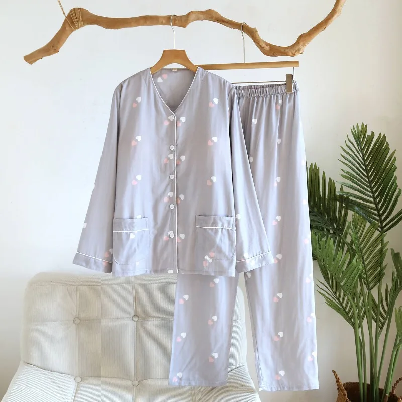 2026 New Women's Pajama Set 100% Cotton Gauze with Chest Mat V-neck Long Sleeve Pants Sweet, Fresh, Loose Home Clothes