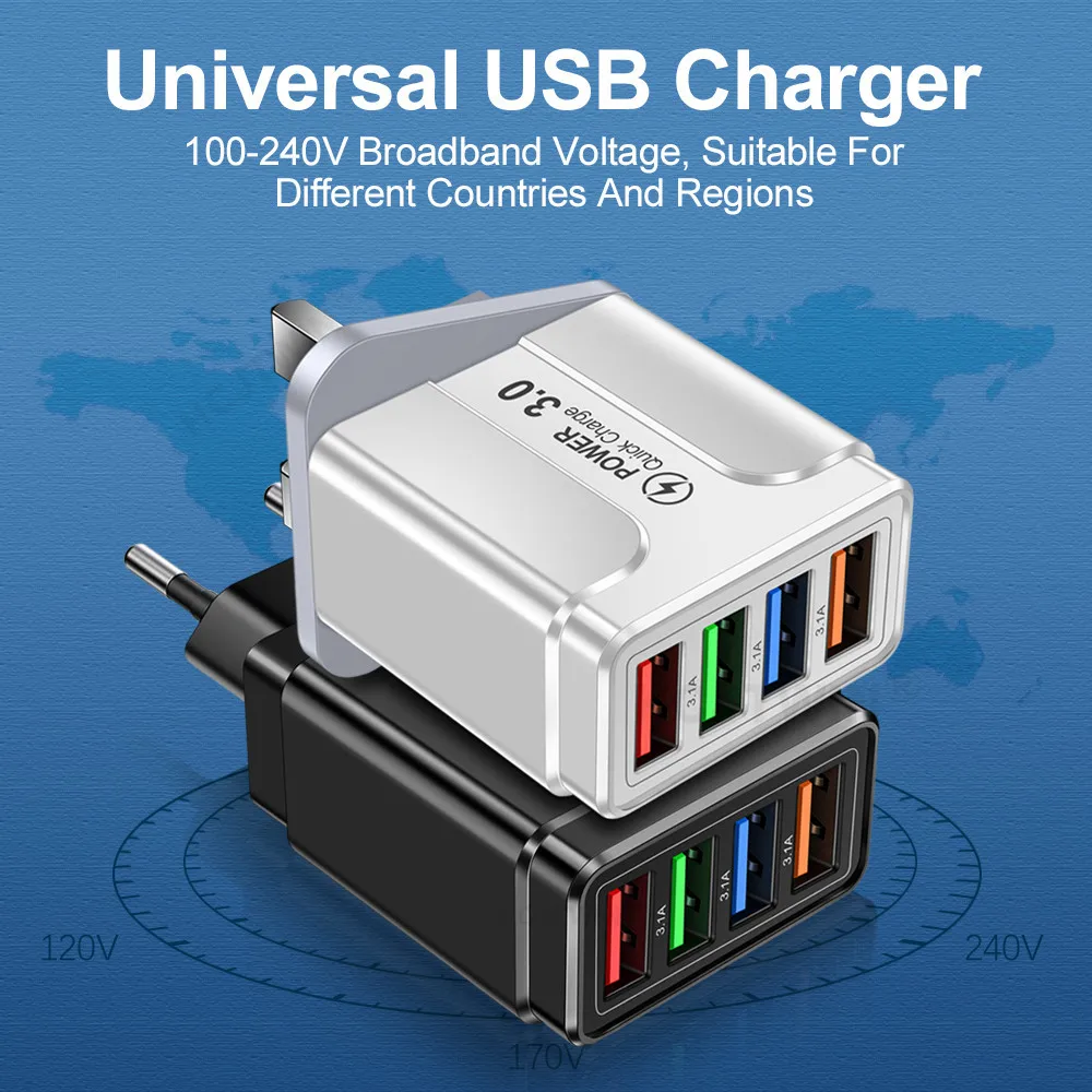 4-Port USB Luminous Multi Port 3.1A Butterfly 4 USB Mobile Phone Charger Travel Charging Head US/EU/UK Charger