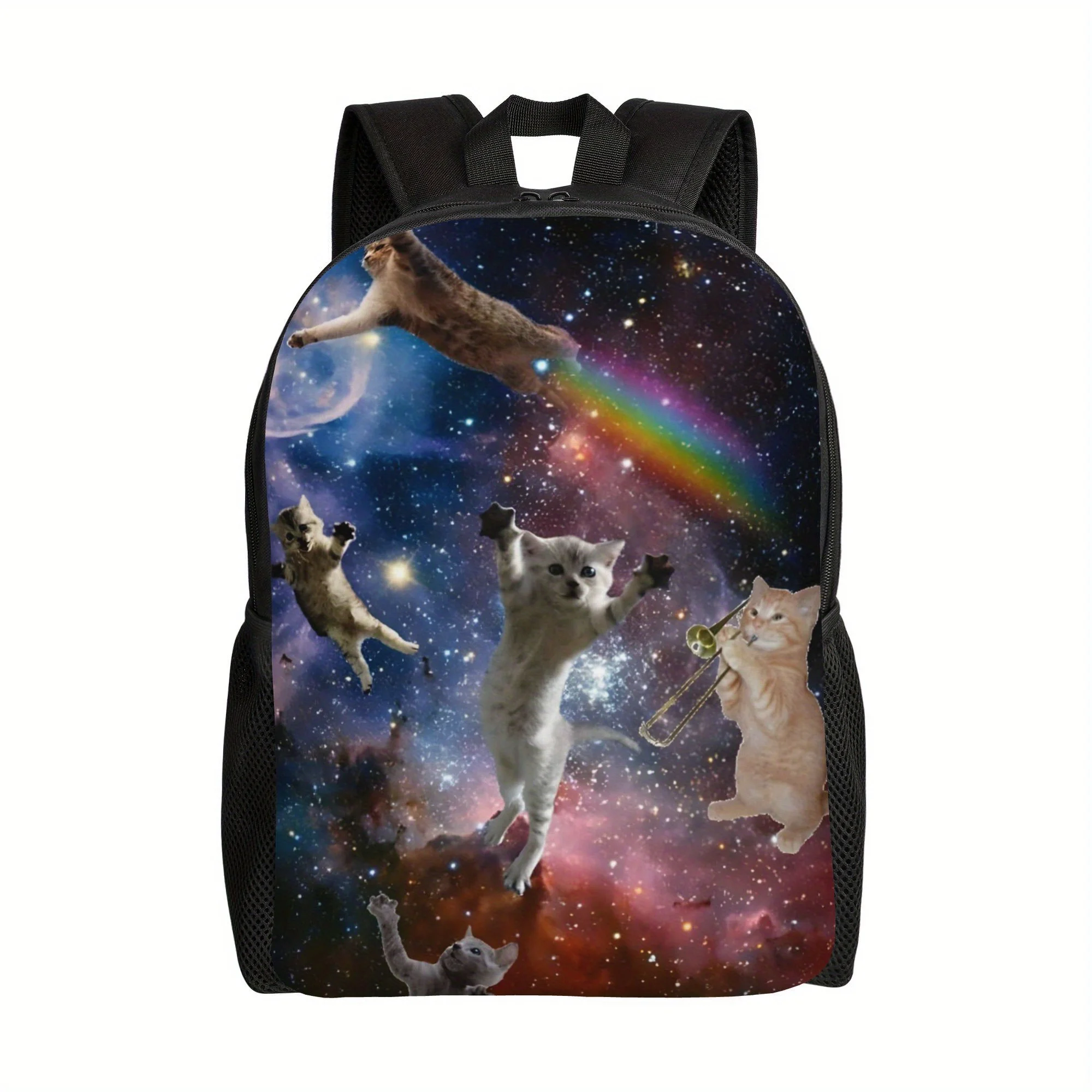 1pc Meow Space Galaxy Cartoon Backpacks,  School Bag, Gift for Men Business, and Outdoor Adventures, Black Straps, Hand Washable