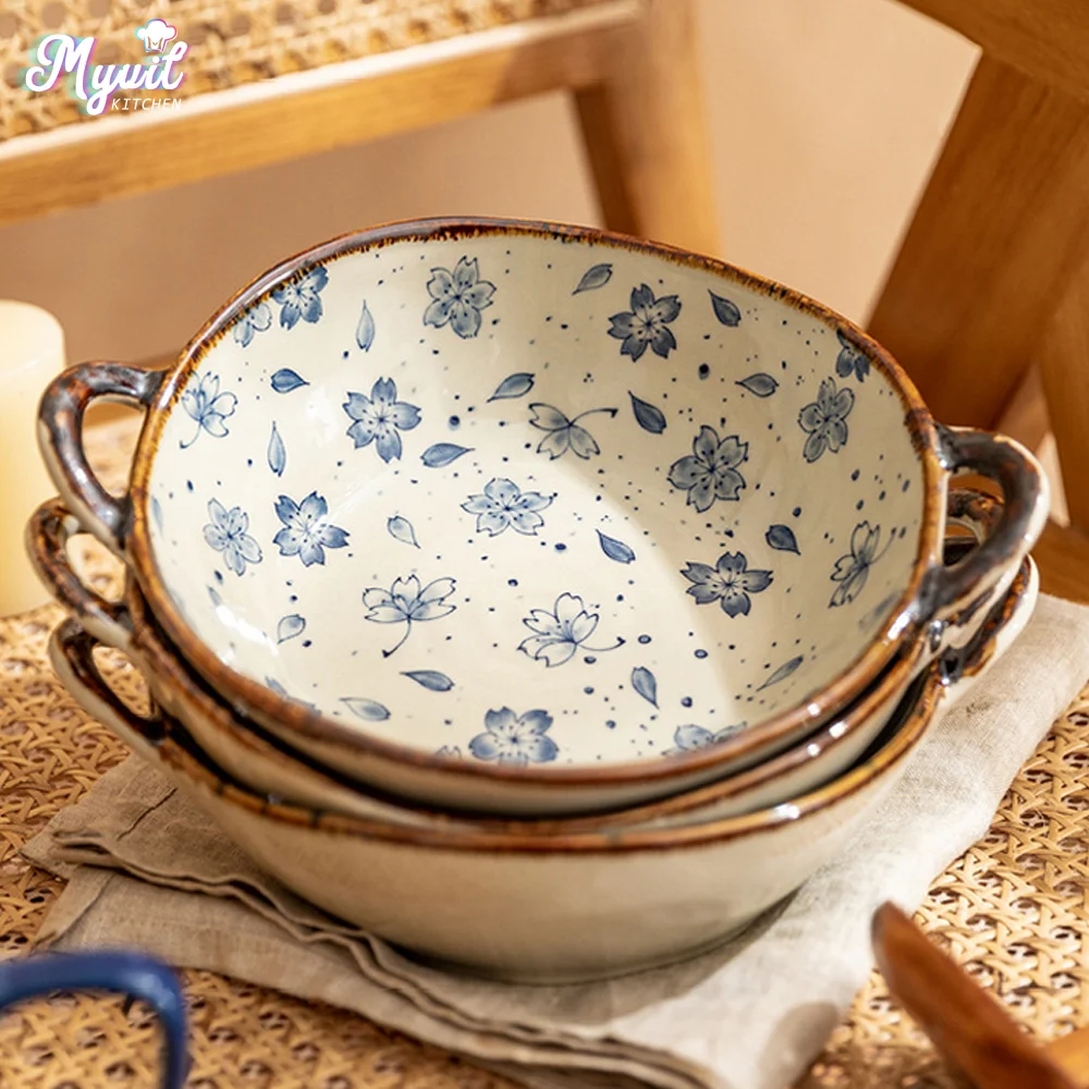 YFY   household noodle bowl ceramic soup bowl with handle salad pasta bowl kitchen cutlery microwave oven baking pan