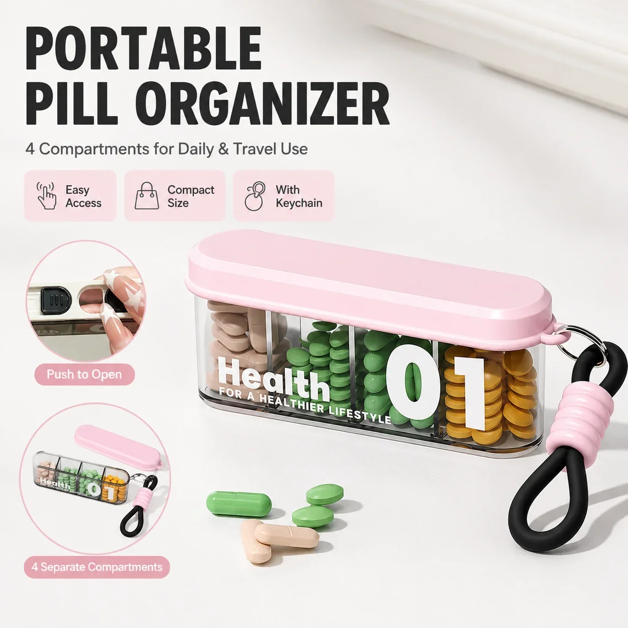 Portable Transparent Pill Box with Lanyard, Multi Compartment Travel Pill Organizer, Mini Vitamin Medicine Storage Case for Outd