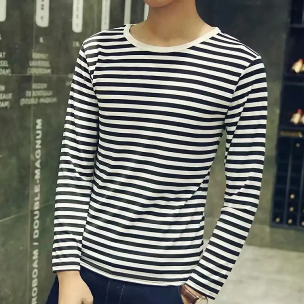 Striped T-shirt Men Long Sleeve Pullover Trendy Black White Striped Tops for Men Harajuku Casual Base Shirt Undershirt