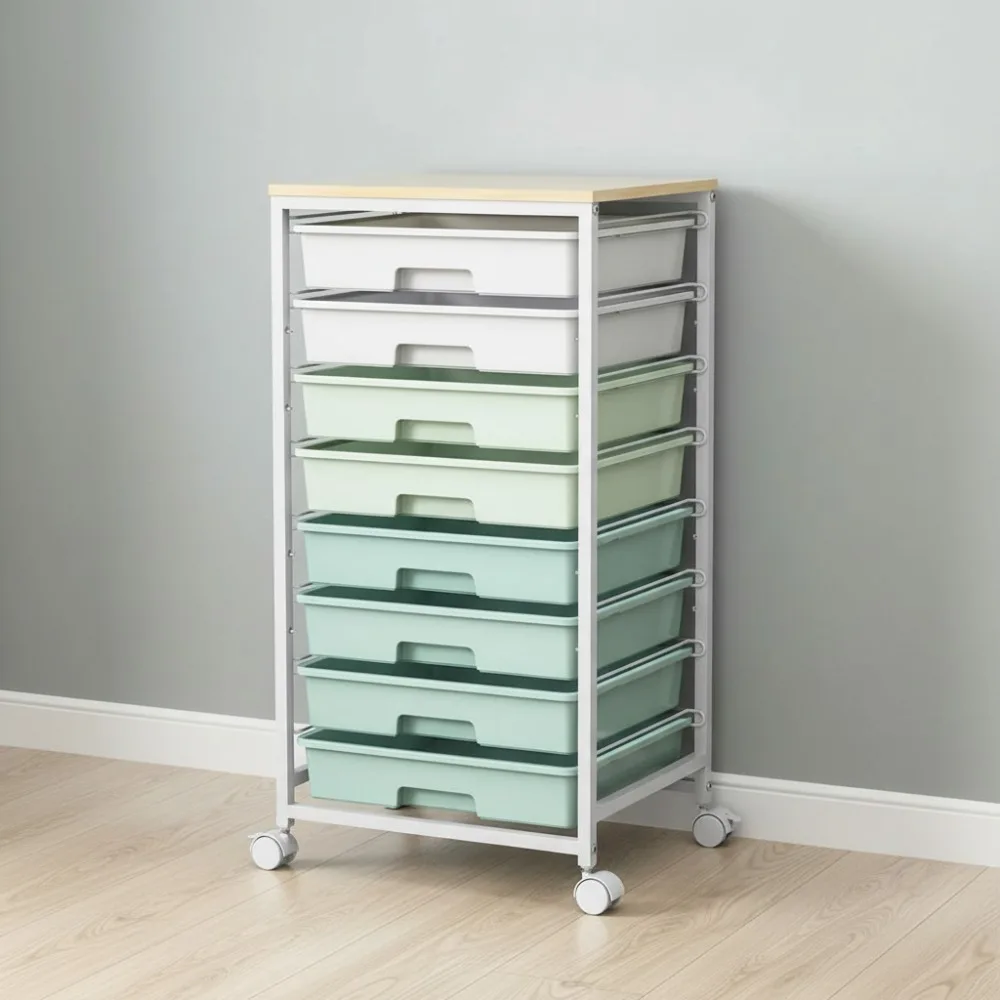 

8-Drawer Rolling Storage Cart with Wooden Top - Mobile Organizer for Home Office Craft Room