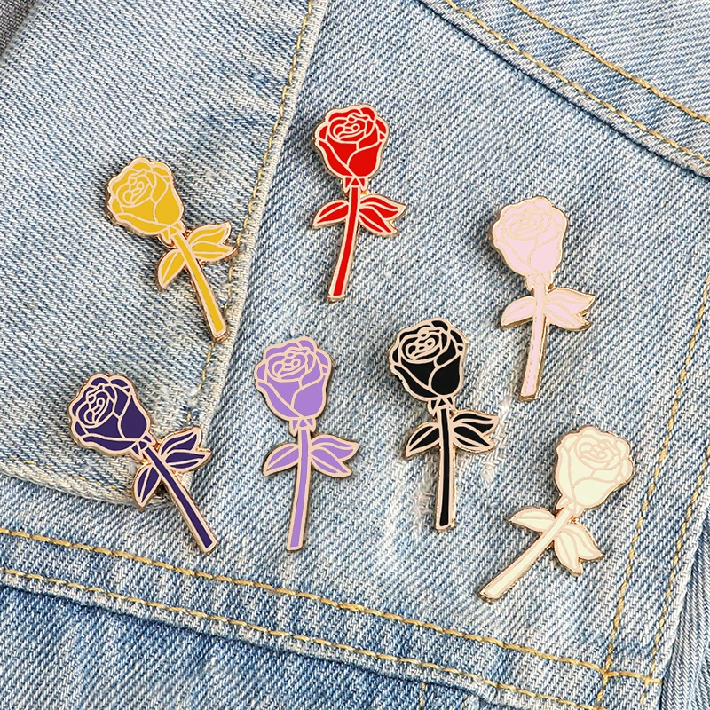 7 Colors Rose Brooches Cartoon Red Black Pink Violet Flowers Enamel Pins Women Dress Lapel Pin Badge Lover Romantic Accessories