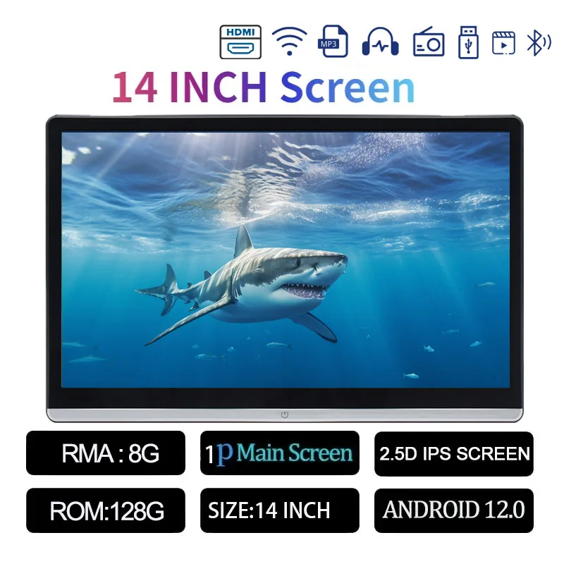 13.3/14 "Auto Hoofdsteun Monitor Display IPS Android 12 2G + 32G/4G + 64G/8G + 128G Touchscreen Voor Auto Achterbank Speler Dual HDMI Muziek