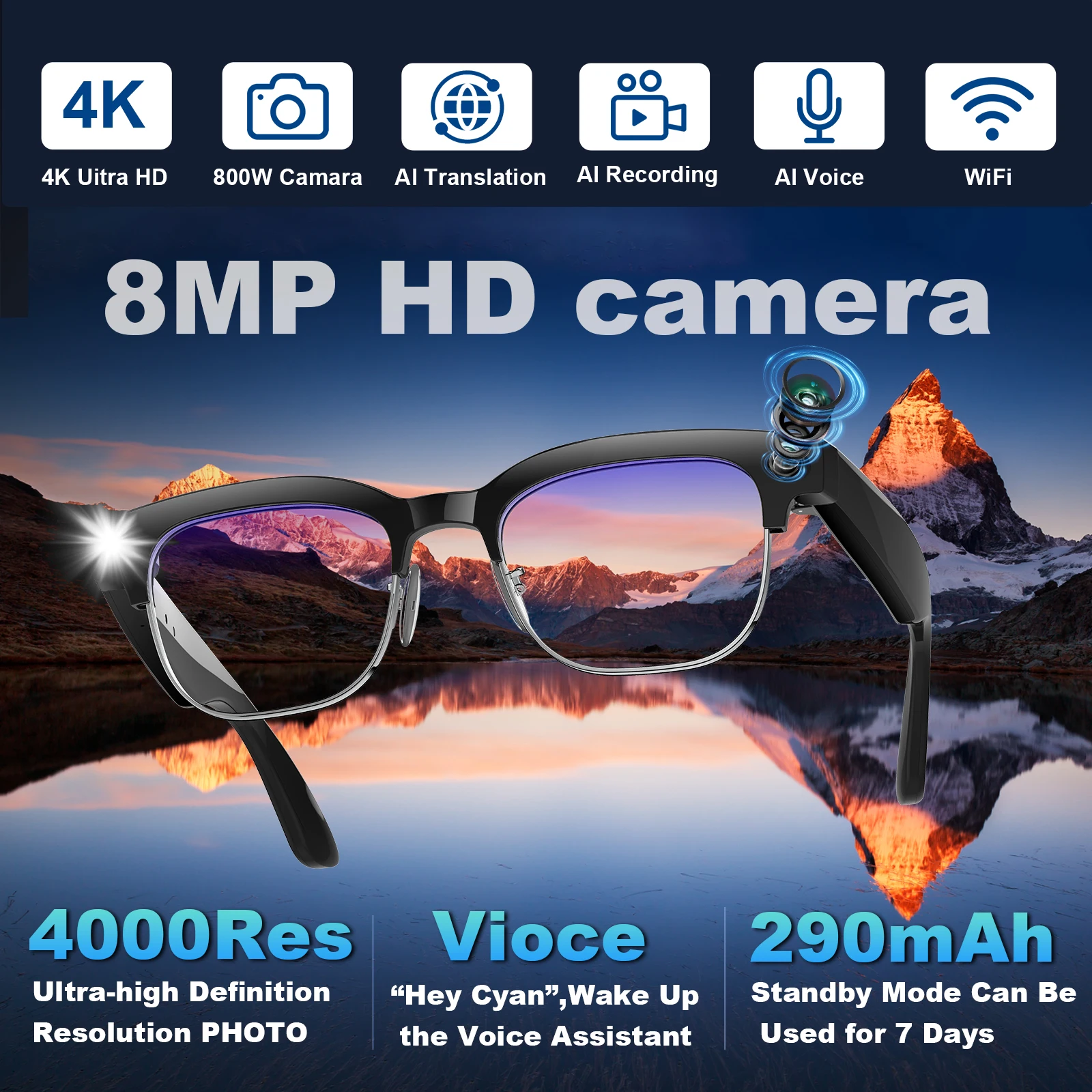 نظارات ذكية AI مع تسجيل فيديو 8 ميجابكسل 100+ لغة نظارات ترجمة للرجل بلوتوث دعوة الموسيقى تشغيل الرجال النساء 2025