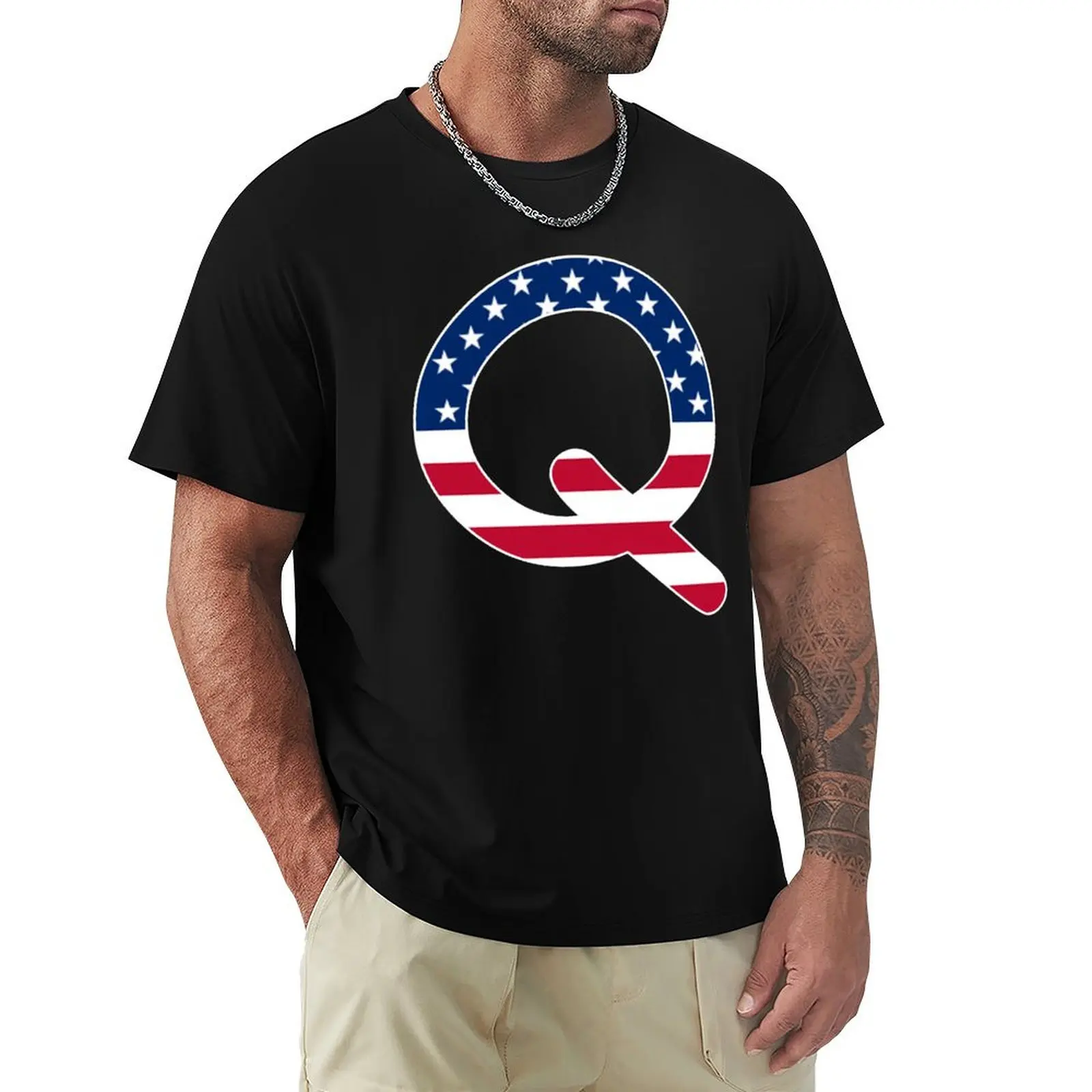 Letter Q Capital Alphabet American Flag Q Gift T-Shirt Soft Lightweight Cotton T-Shirt