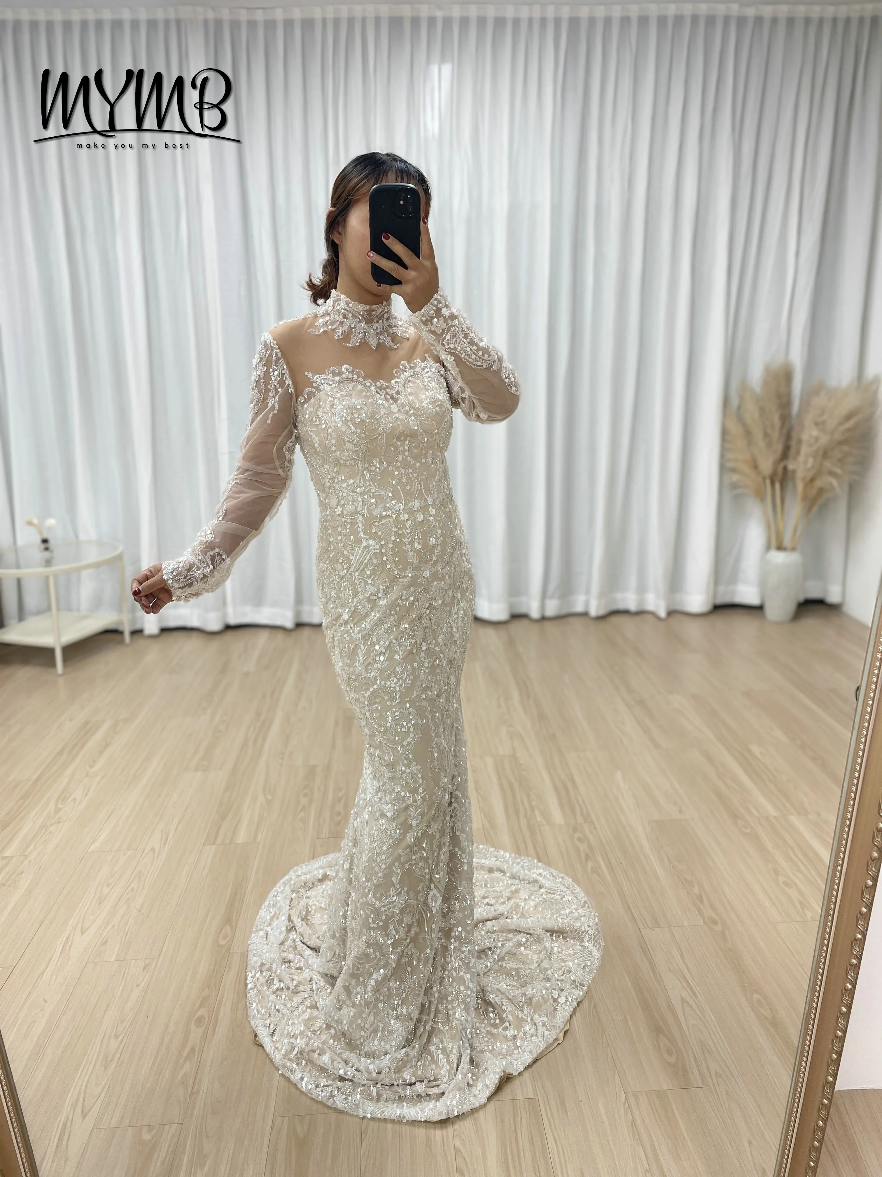 

MYMB Elegant Lvory Mermaid Evening Dress Long Sleeve Fashion Temperament High Quality Gorgeous Beautiful Sequin Gowns MY30127