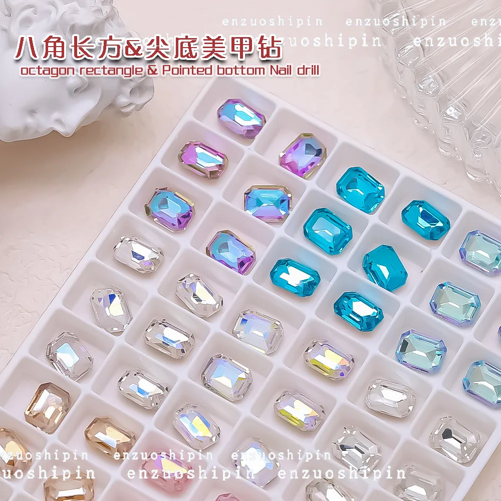 50pcs 6x8mm rectangular octagonal nail ornament colored pointed bottom irregular super shiny square nail rhinestone