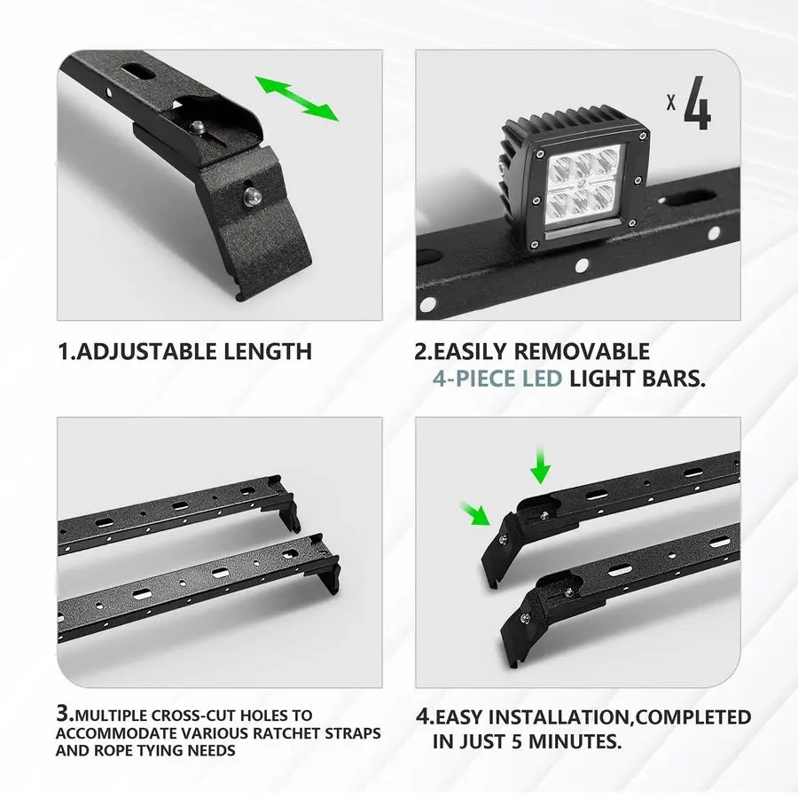 قضبان متقاطعة لرف السقف LBS مع 4 قطع شريط أضواء LED متوافق مع 20072025 جيب رانجلر JK JKU JL JLU Unlimited amp Gladiator J #3