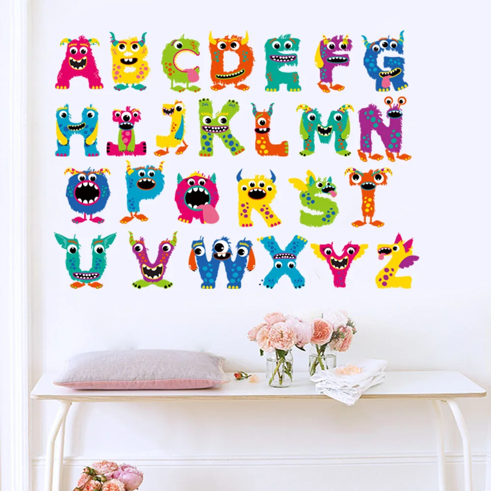 Cartoon 26 letters cute big eye animal wall stickers for rooms for kids home decoration children wall decal poster mural