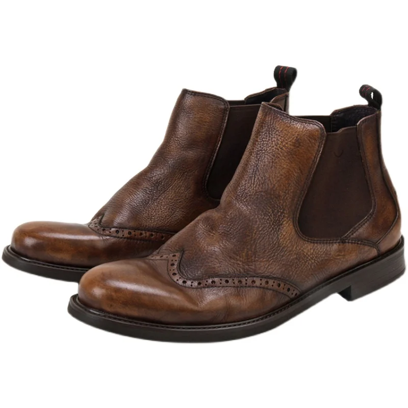 

Британские ретро-трендовые кожаные туфли с круглым носком и высоким берцем, мужские ботинки челси, удобные повседневные ботильоны на толстой подошве