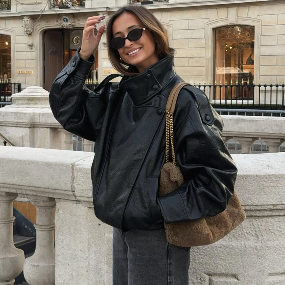 Tuularose الوقوف طوق المرأة سترة كم كامل زر مزدوج الصلبة الإناث سترات من الجلد الخريف موضة ملابس خارجية شارع العليا #2