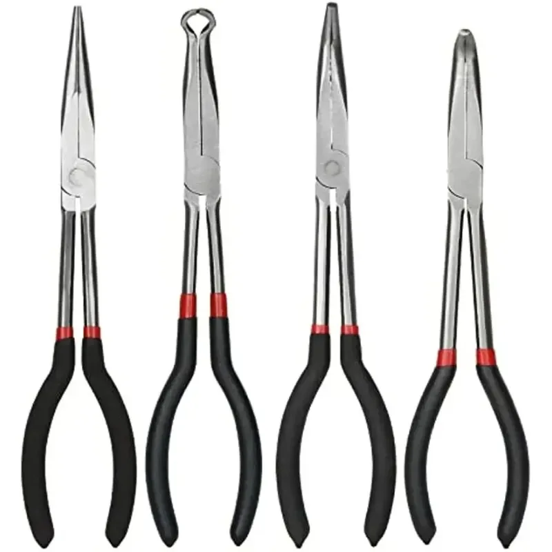 4-piece long nose pliers set made of 11 inch carbon steel with rubber coated grip, suitable for car repair and jewelry
