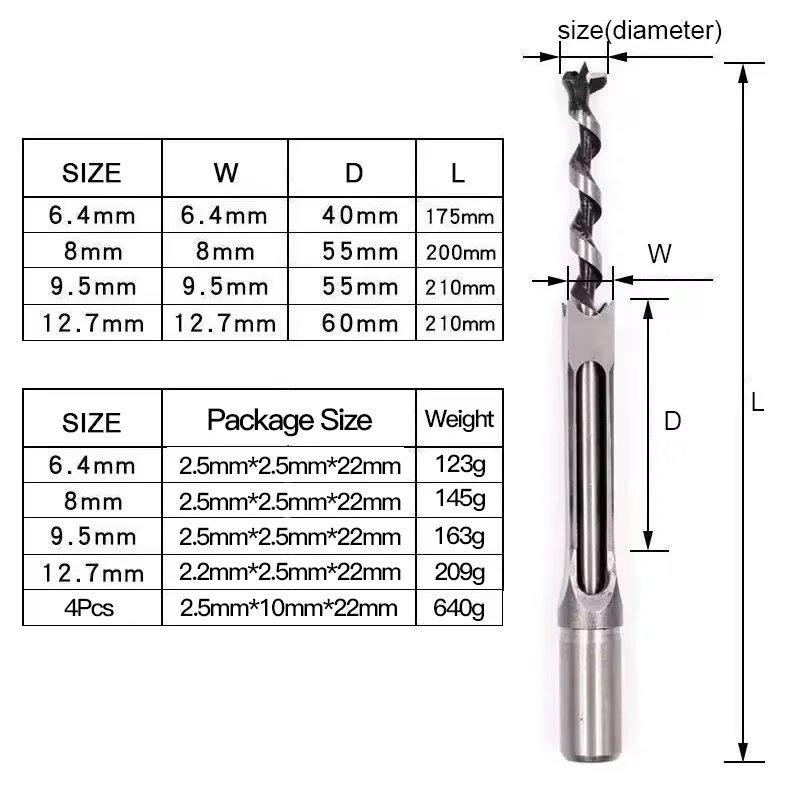 4pc 6-12mm hss buraco quadrado broca ferramentas de broca para trabalhar madeira broca mortising cinzel conjunto diy móveis quadrado broca para trabalhar madeira