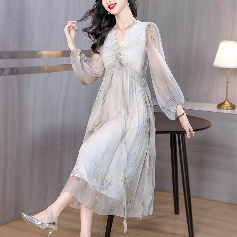 Vacanza primaverile Boho Beach Hepburn Maxi Abiti da donna Stampa vintage Elegante da sera Prom Estate Abito longuette in seta di lusso XQ284