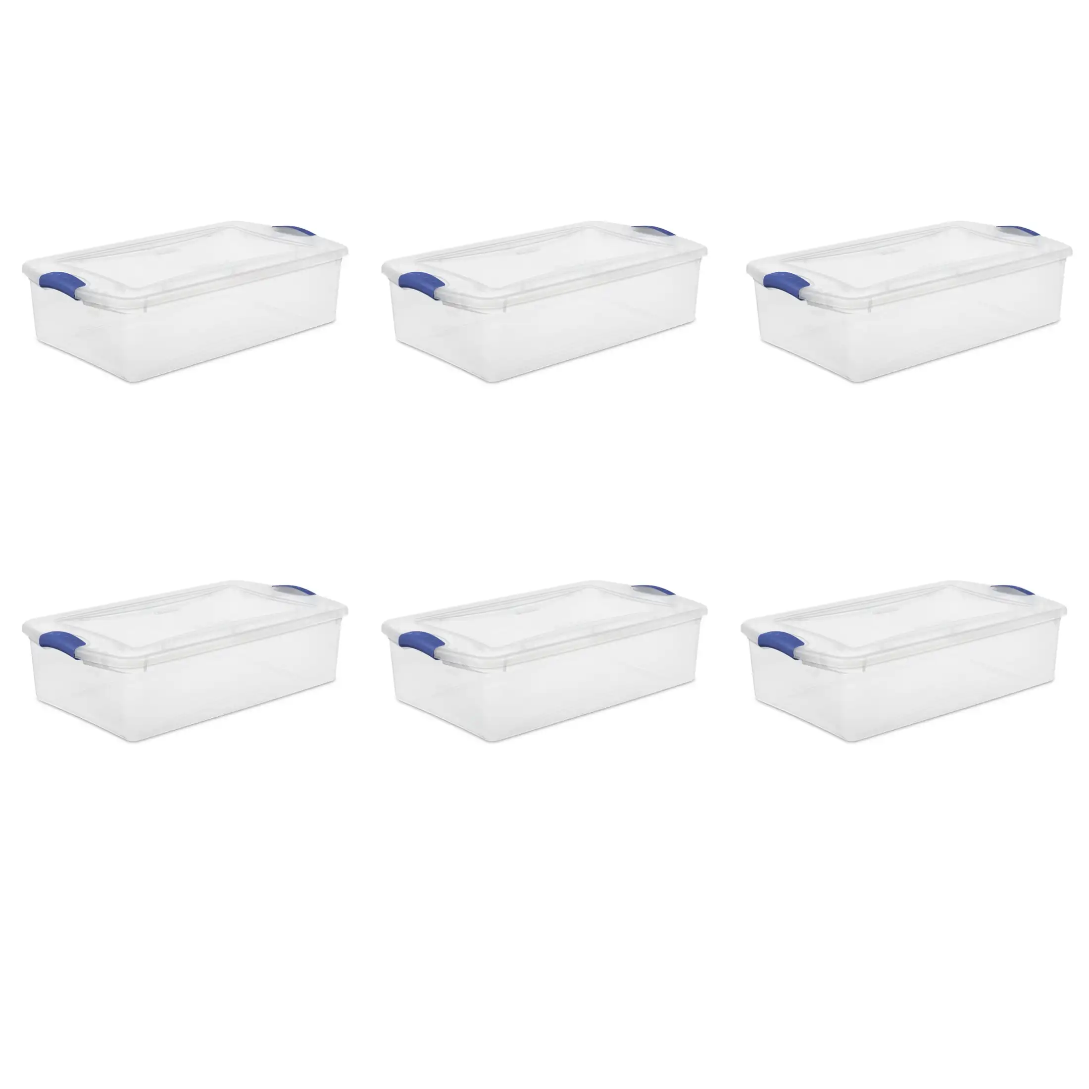 

32 Quart Latch Box, Clear Plastic Storage Bin with Clear Lid, Blue, 6 Count