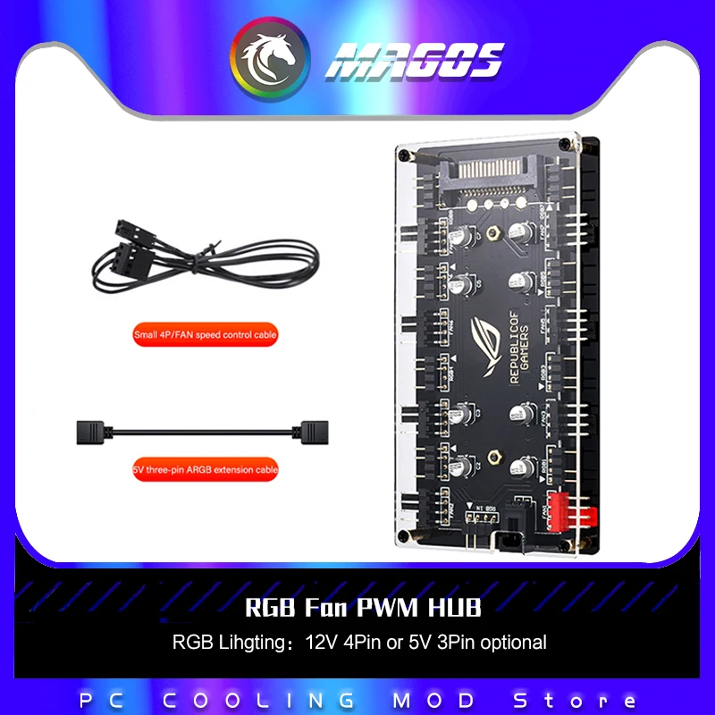 RGB Fan PWM HUB SATA Power Supply, 8 X 3Pin ARGB / 4Pin RGB M/B SYNC + 8 X 4Pin PWM Header Temperature + Light 2 In 1 Control