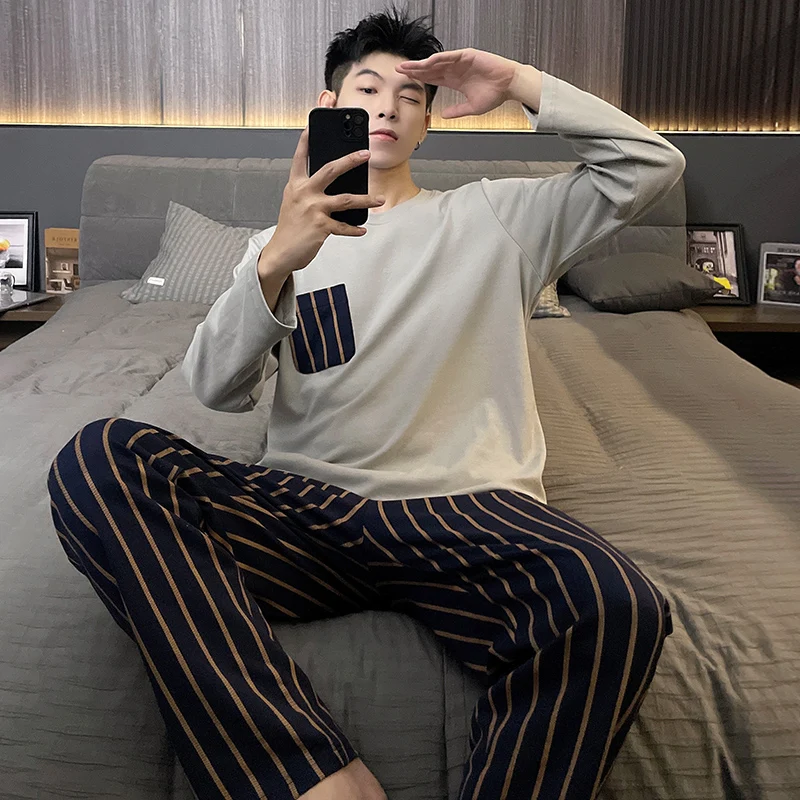 2023 frühling Langarm Baumwolle Pyjama Sets für Männer Koreanische Nette Cartoon Nachtwäsche Pyjama Männlichen Homewear Hause Kleidung Homme