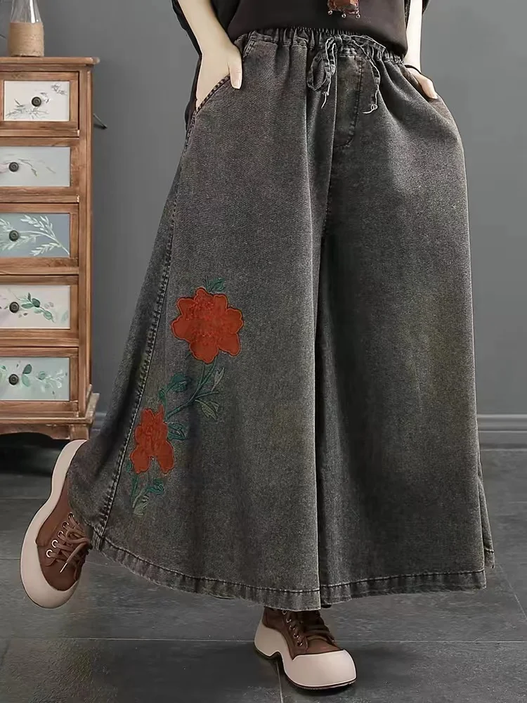 

Повседневные женские широкие брюки в стиле ретро, джинсовая юбка с вышивкой и большим цветком, брюки, осень-весна, длинные джинсы с талией