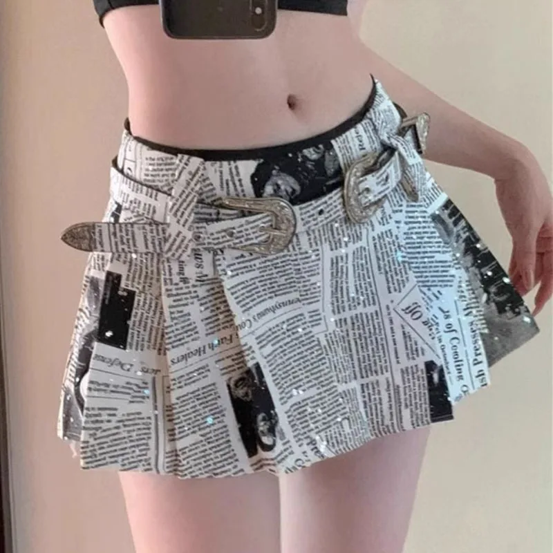 Sexy Newspaper Printed Skirt Women Summer Streetwear Belt High Waist A Line Short Pleated Skirts Girls Casual Shorts Saia Female