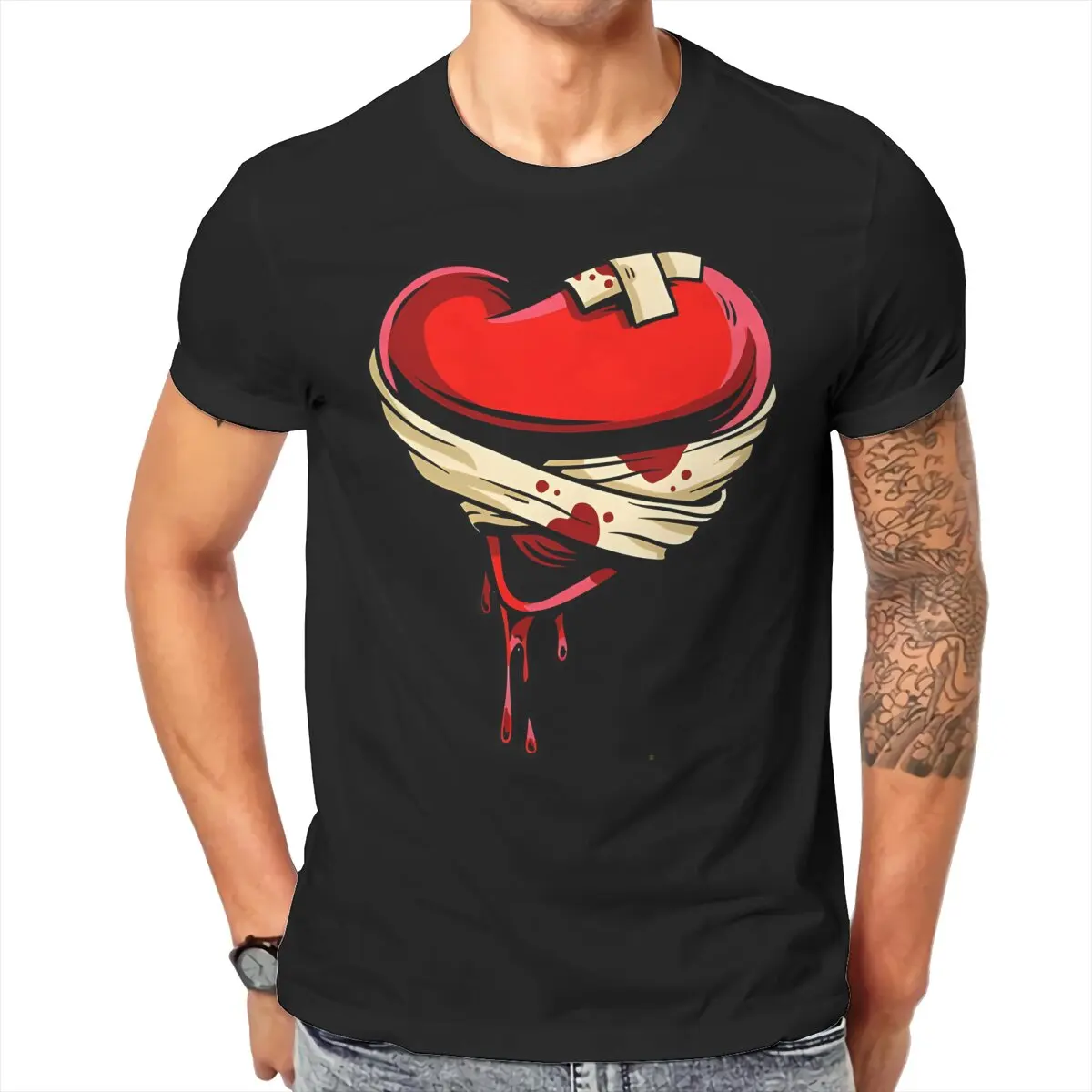 Broken  Bleeding Bandaged Casual TShirt Wounded Heart Creative Streetwear Leisure T Shirt Male Tee Unique Gift Idea