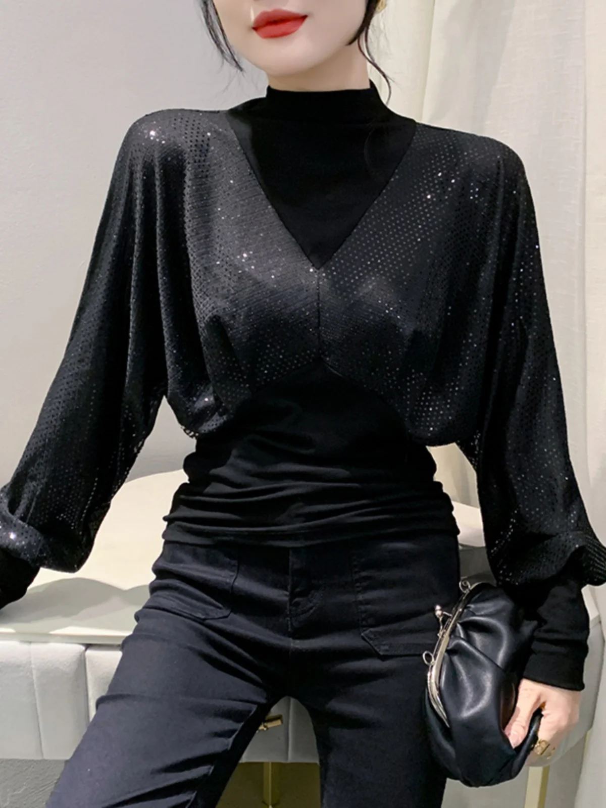 Autunno mezzo dolcevita manica lunga T Shirt paillettes impiombato T-Shirt moda donna pipistrello manica intera top BH9750