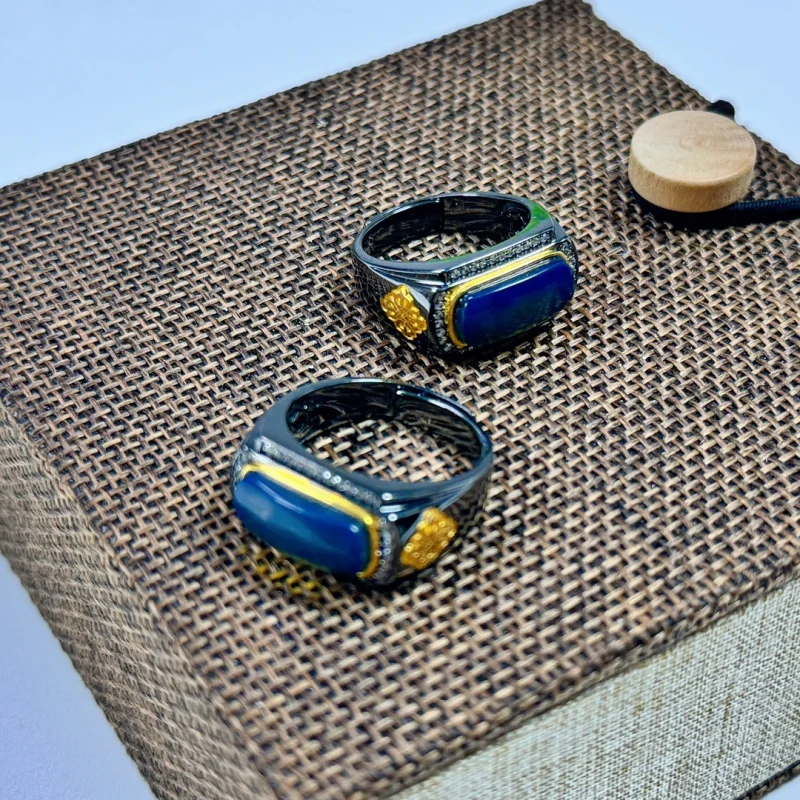 7x15mm Blue Amber Inlaid S925 Silver Men's Ring Vacuum Electroplated Two-tone Black