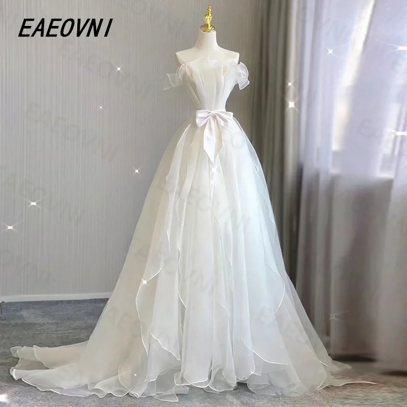 Floor Length Strapless Ruffled Modern Newest Design 2023 White Wedding Dress Organza and Tulle Bridal Gown Vestido De Novia