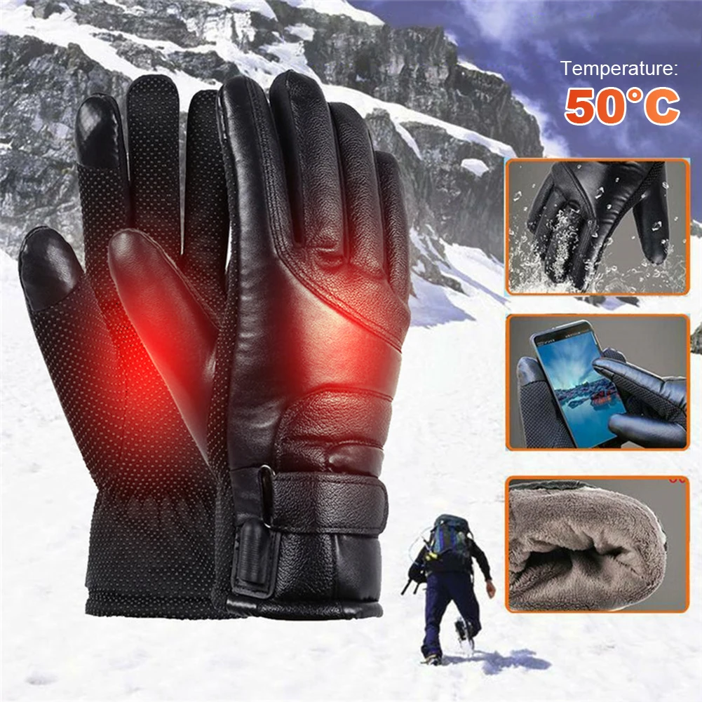 12V Heating Thermal Gloves Waterproof Motorcycle Winter Heated Gloves Thermal Windproof Bike Gloves PU Leather for Skiing Hiking