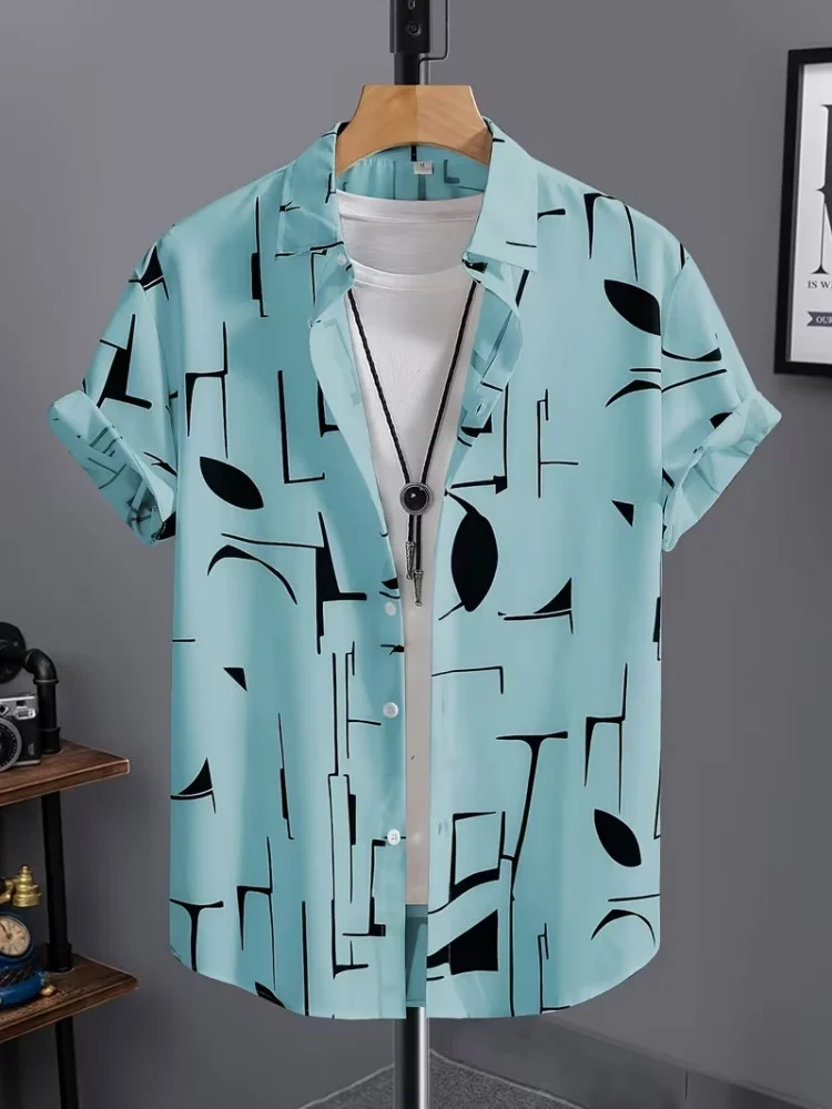 Men's short-sleeved shirt with abstract geometric print, trendy and fashionable, versatile and comfortable for everyday wear.