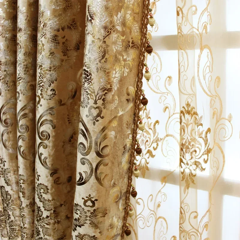 

New Curtains for Living Dining Room Bedroom Luxury European Sheer Gold Embroidered Tulle Print High Shading Windows Backdrop