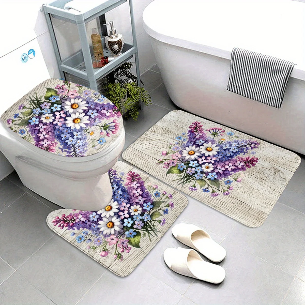 

3 шт., весенний напольный комплект с цветочным принтом для ванной комнаты, набор ковров, нескользящий впитывающий коврик для сиденья унитаза, U-образная форма