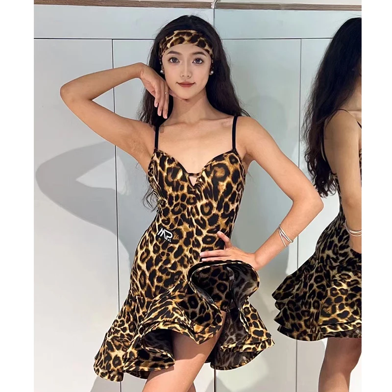 Sexy Latin Dance Clothes Leopard Dress Women Performance Dancewear Adult Cha Cha Rumba Dance Costume Competition Dress DNV20881