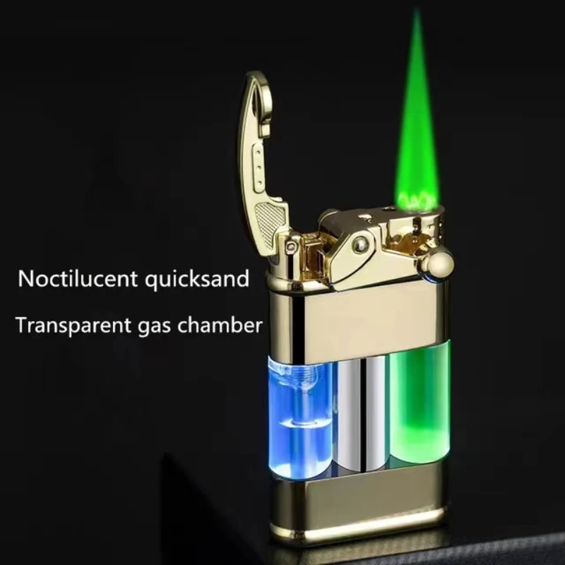 Rocker Arm Luminous Quicksand Windproof Butane Gas Lighter Transparent Oil Tank LED Light Green Flame Smoking Accessories Gadget