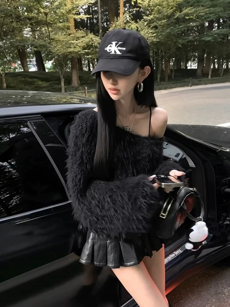 

Сексуальный комплект XZY для пышных женщин: топ с открытыми плечами и меховой отделкой, плиссированная кожаная юбка больших размеров для зимы