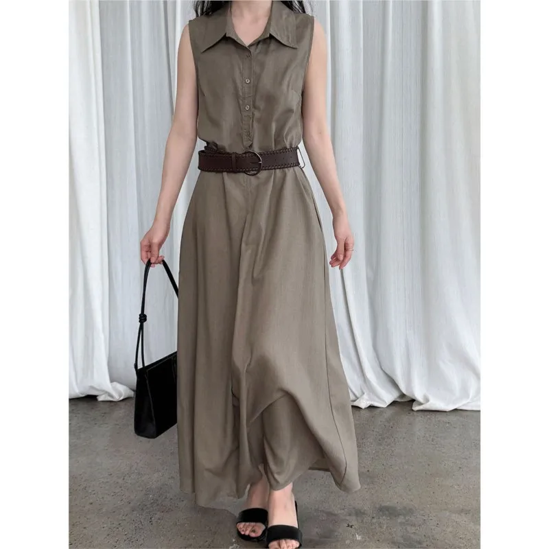 فستان قميص جديد من القطن والكتان من جوهنيتشر مع حزام للنساء لصيف 2025 فساتين جديدة غير رسمية فضفاضة الخصر بدون أكمام