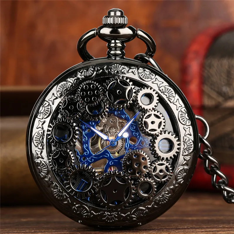 Steampunk ساعة الجيب ، أسود جوفاء والعتاد غطاء ، لف اليد ، ساعة ميكانيكية ، سلسلة قلادة مضيئة ، ساعة العتيقة