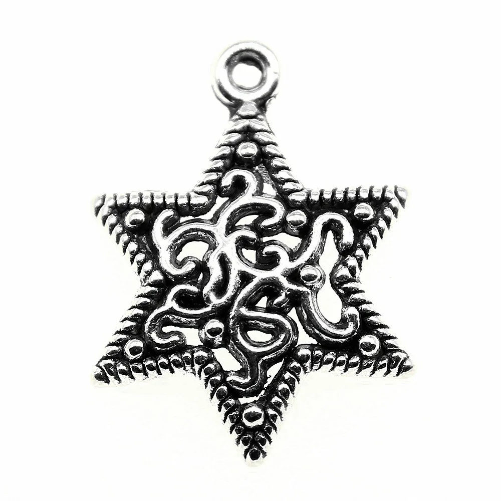 10pcs/lot 23x17mm Carved Six-Pointed Star Charms For Jewelry Making Antique Silver Color 0.91x0.67inch