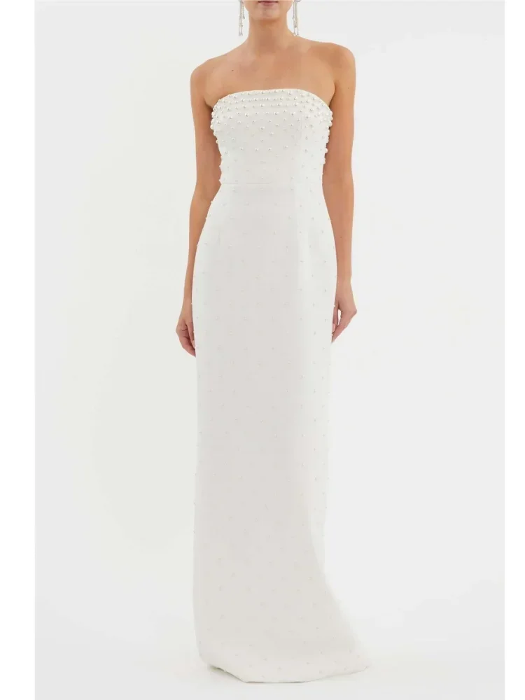 

Sexy Strapless Black White Pearl Women Beaded Long Gowns Dress 2025 New Strapless Party Evening Stage Performance Dress Vestido